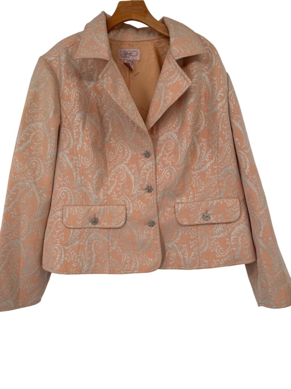 Lovely Peach Paisley Blazer jacket rhinestone buttons Womens size 22W plus